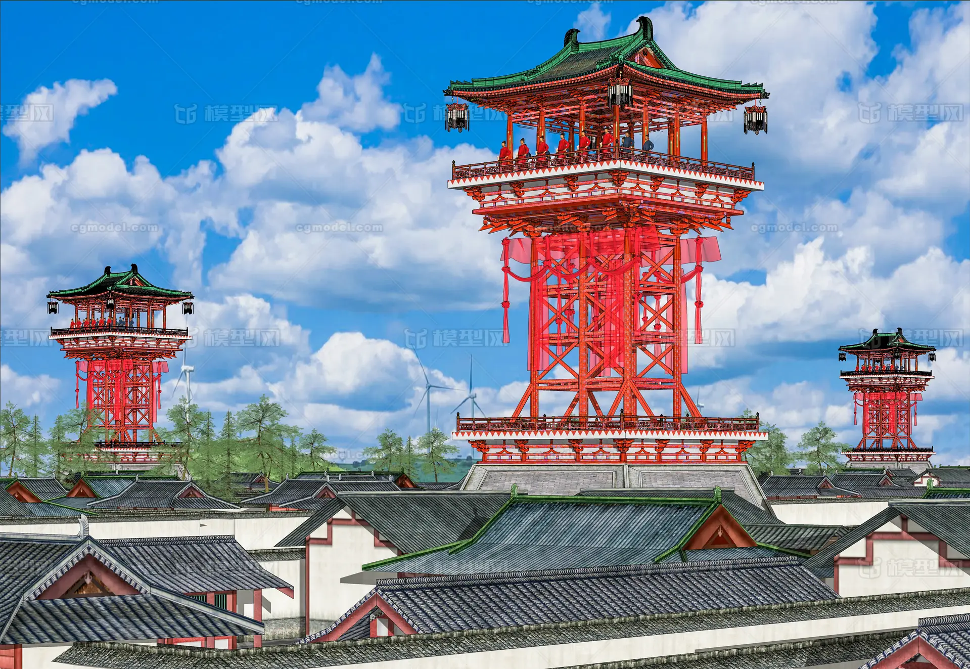 唐代望楼塔楼阁楼烽火台侦查塔木质塔楼